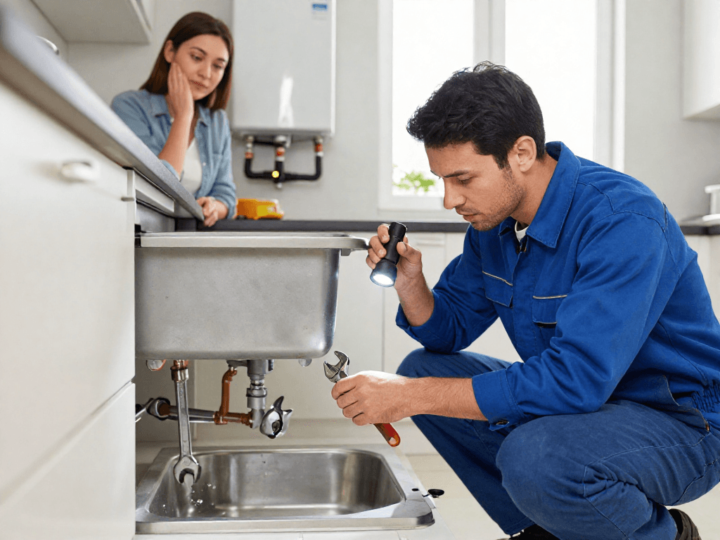 Plumbing repair Fort Worth technician diagnosing leak under a kitchen sink with tools in a modern home.