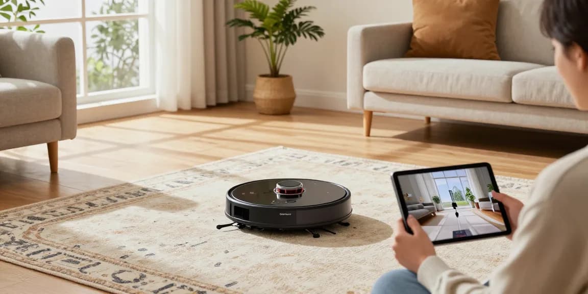 Roborock 2026 showcases the innovative Saros 20 vacuum navigating a modern living room with advanced wheel-leg architecture.
