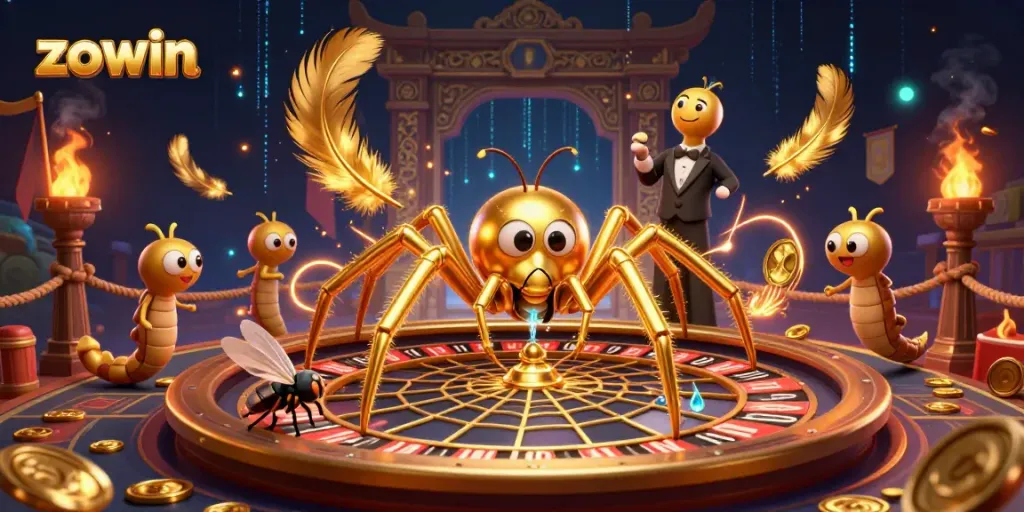 Zowin showcases an exciting roulette wheel scene with a golden spider and centipede croupier amid swirling casino elements.