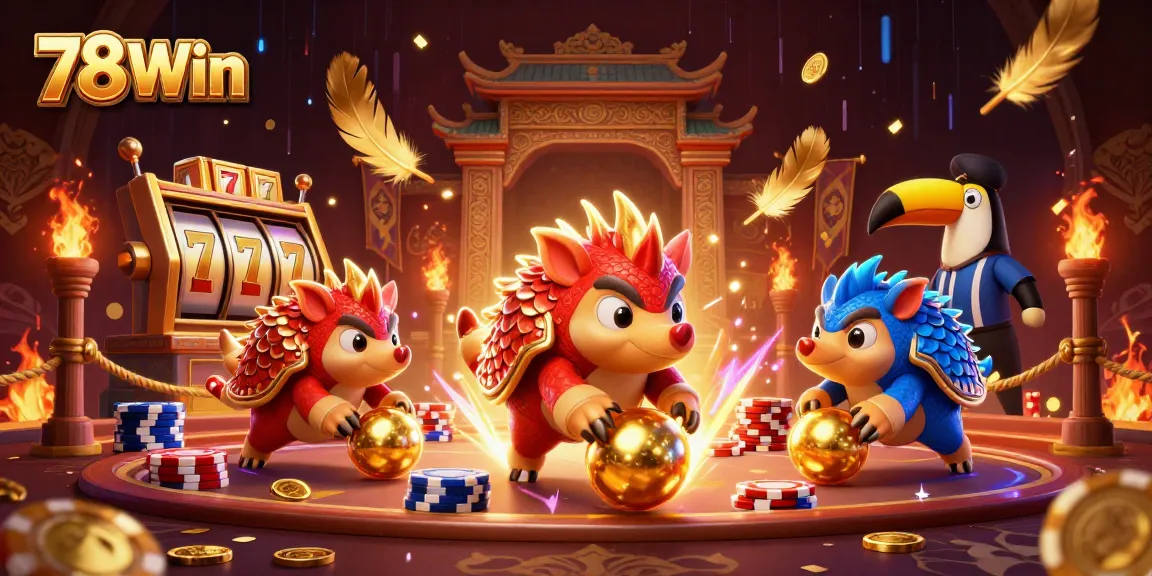 Engage in thrilling casino action with 78Win's vibrant pangolin showdown on golden poker chips.