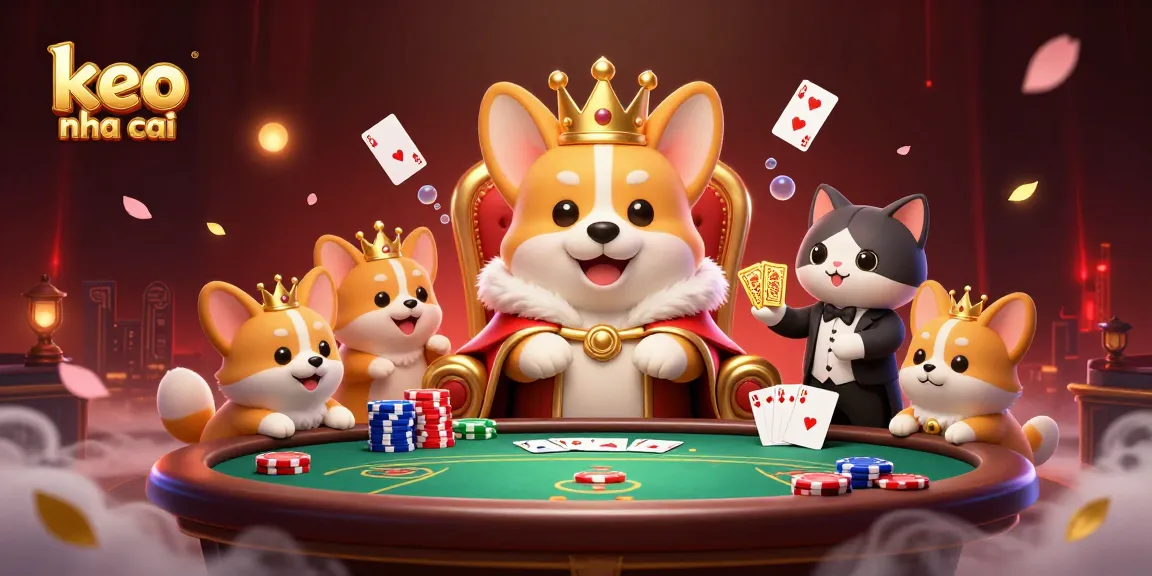 Engage with keo nha cai's lively poker scene featuring a royal corgi and vibrant casino elements.