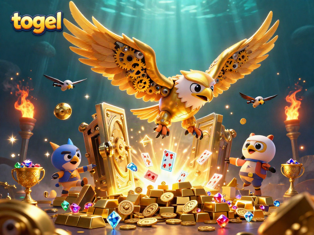 Experience exciting togel action with a cybernetic eagle amidst cascading holographic cards.