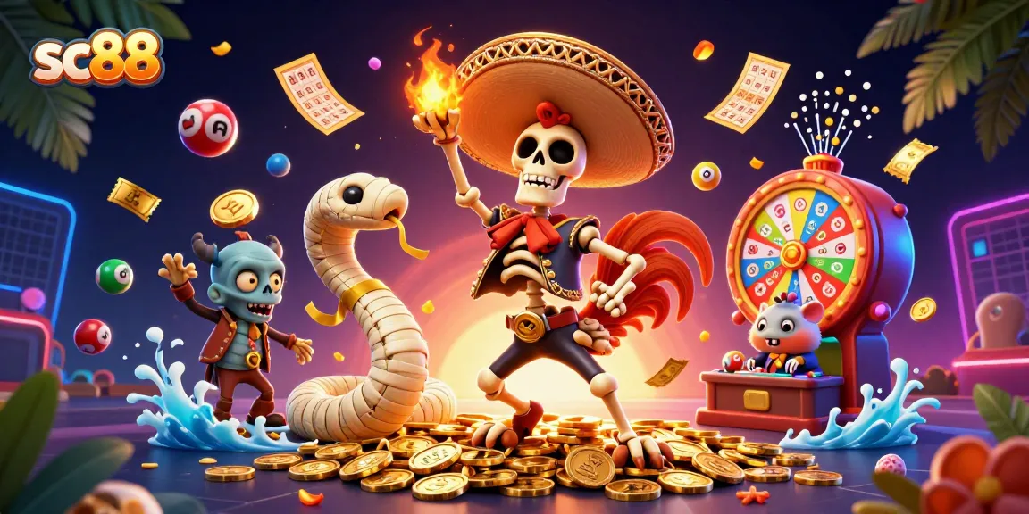 Experience thrilling wins with SC88 as a cartoon skeleton mariachi, a mummy snake, and a DJ engage in dynamic gaming.