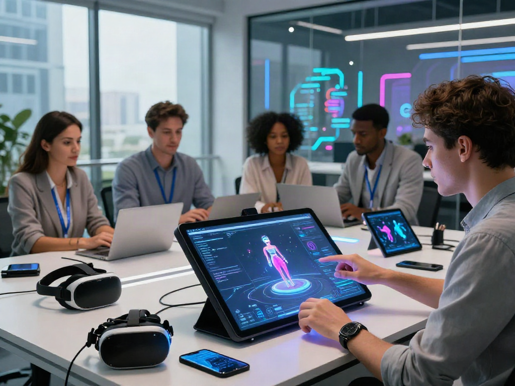 Engaging workspace with sex AI technology interaction and diverse professionals collaborating.