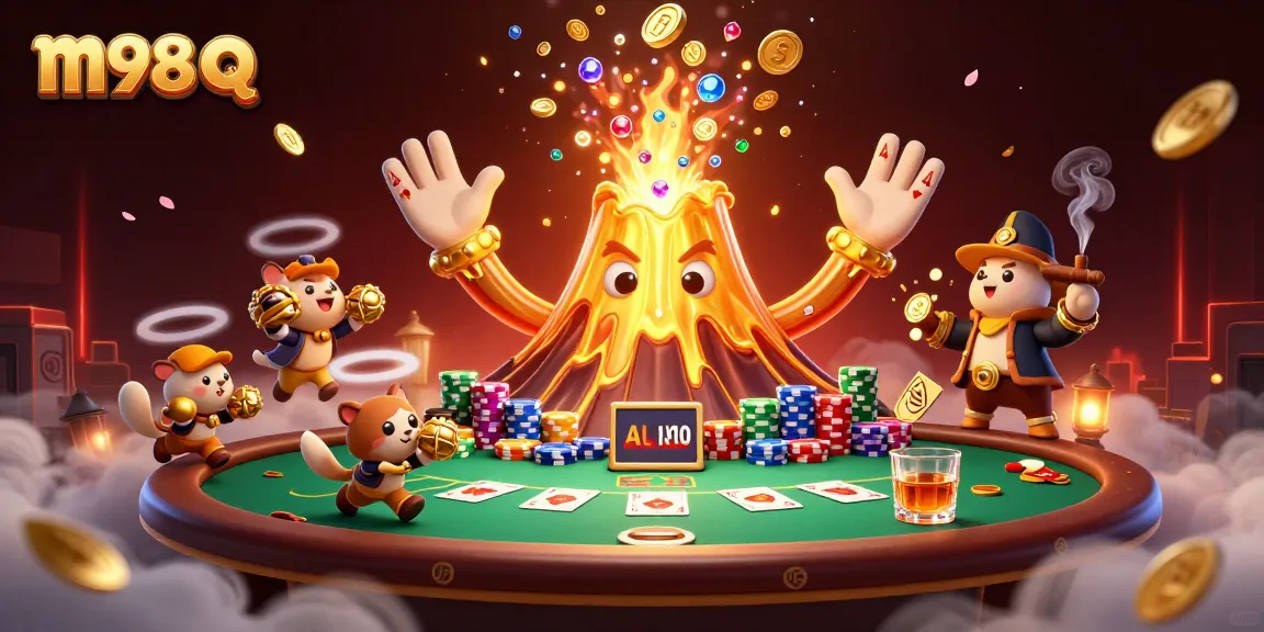 Win big with m98 q as the golden volcano erupts in treasure at the poker table.