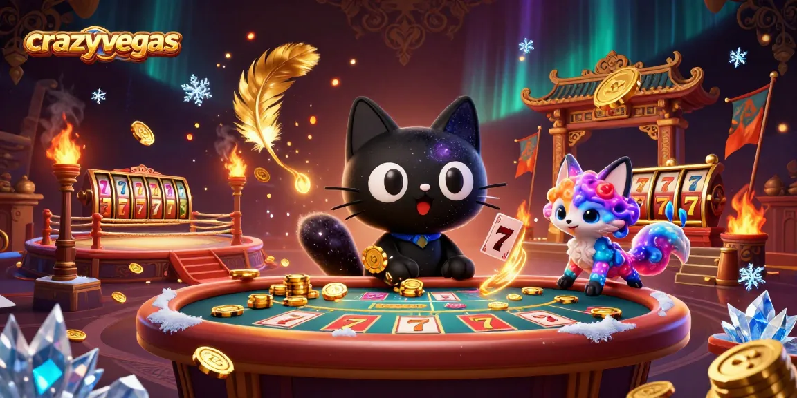Engage in thrilling casino action at crazyvegas with a cosmic cat pulling in gold chips and cards.