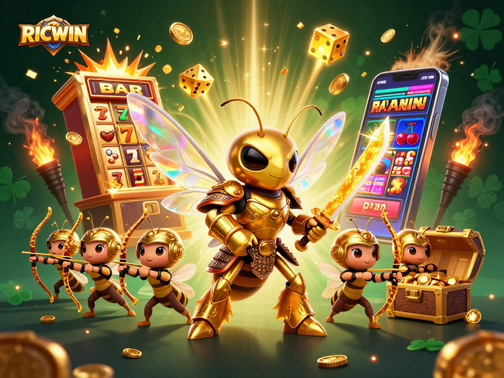 Experience thrilling wins with RICWIN in a vibrant 3D casino scene filled with exciting elements.