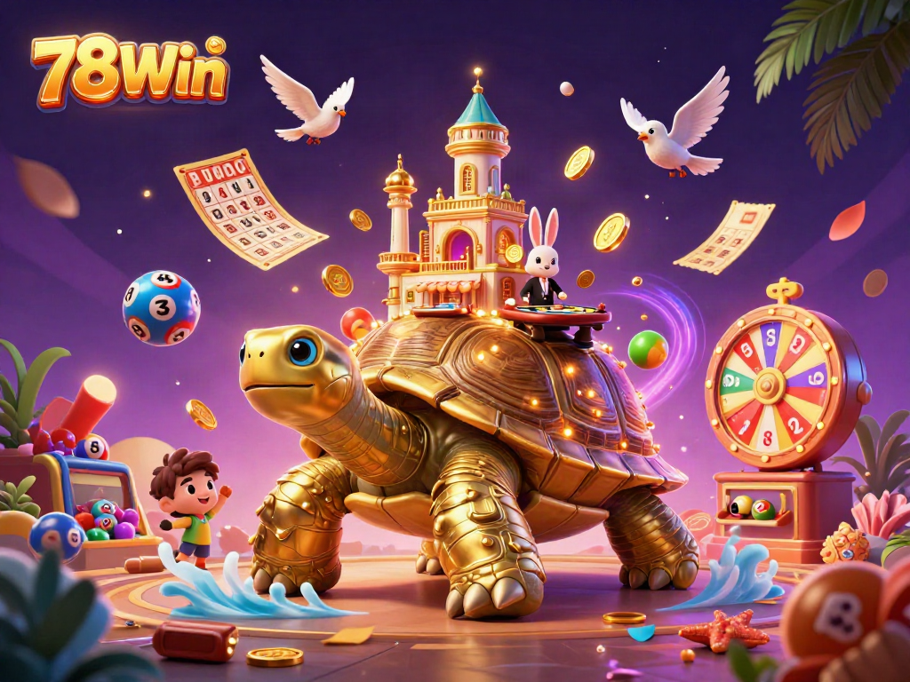 78Win features a golden tortoise casino, vibrant lottery balls, and a rabbit dealer in action.