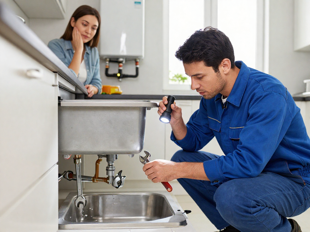 Plumbing repair Fort Worth technician diagnosing leak under a kitchen sink with tools in a modern home.