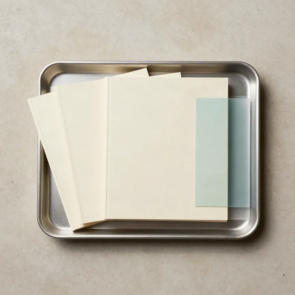 Overhead flat lay of workbook, blank card decks and aluminum tray on pale concrete.