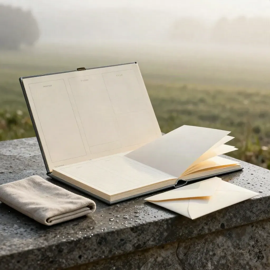 Open strategy sprint kit on stone plinth with linen pouch, envelope and blank inserts in soft dawn mist