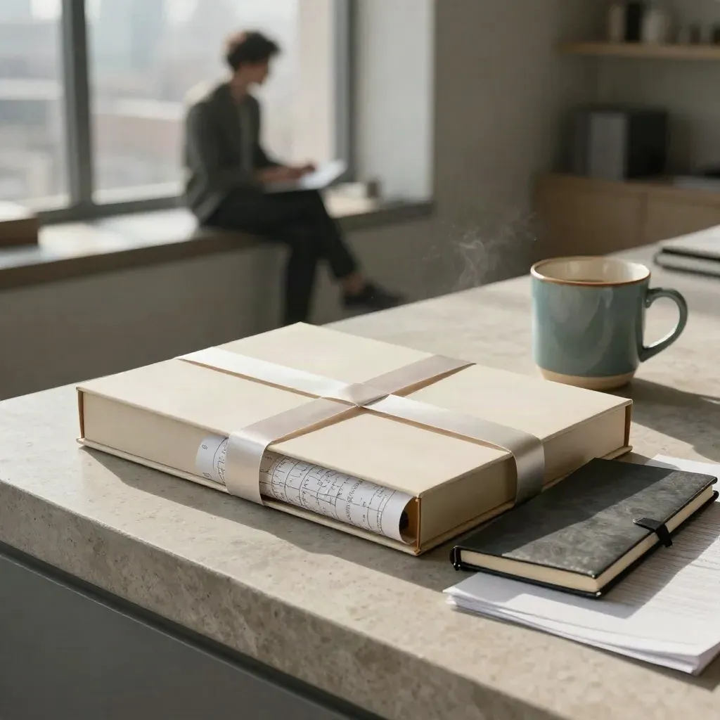 Half-open planning box with notebook, rolled roadmap and mug on a stone ledge in moody city light