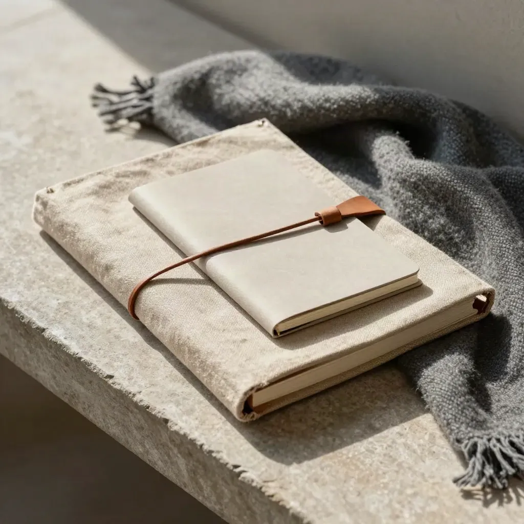 Linen coaching folder, leather cord and notebook on a wool throw by a stone bench.