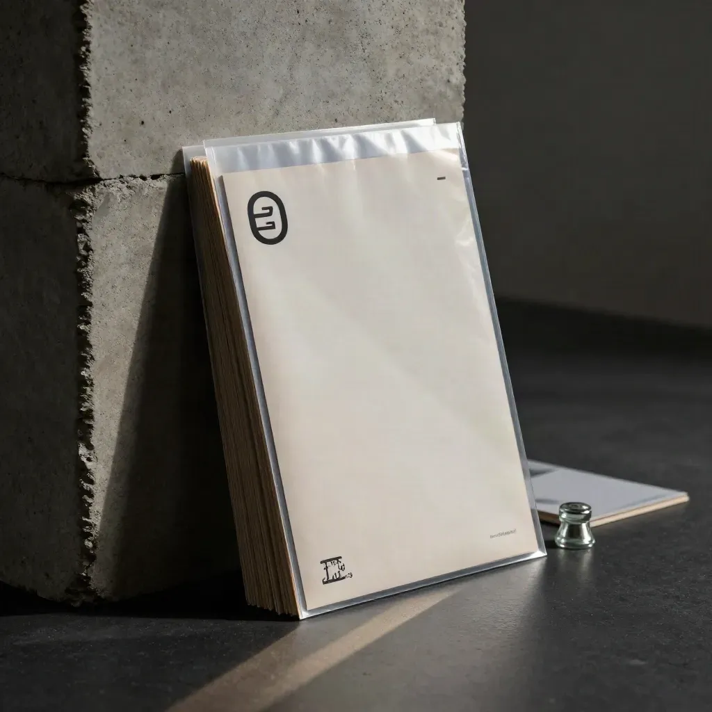 Translucent market research packet upright by concrete block, silver-lit in a dark studio