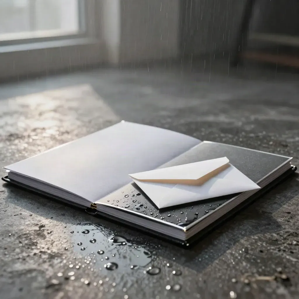 Scale review binder, blank fold-out board, and sealed envelope on wet black slate with silver highlights.