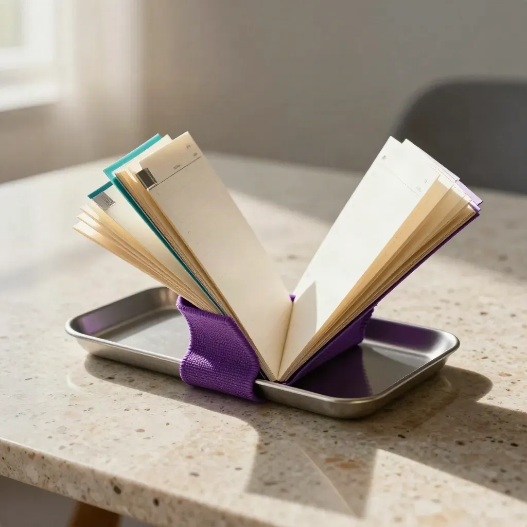 Violet planning kit bursting open on travertine with teal tabs and a silver tray.