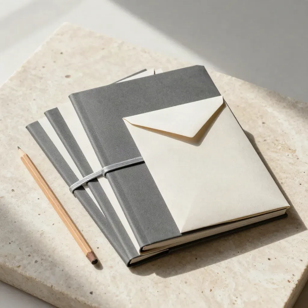 Overhead founder strategy folio with tabbed inserts, pencil stub and silver band on travertine.