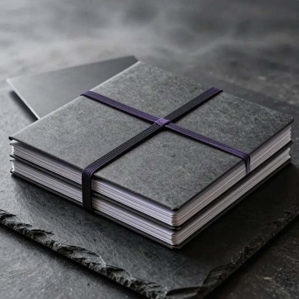 Blank alignment folders secured with a dark elastic band on a black stone slab.