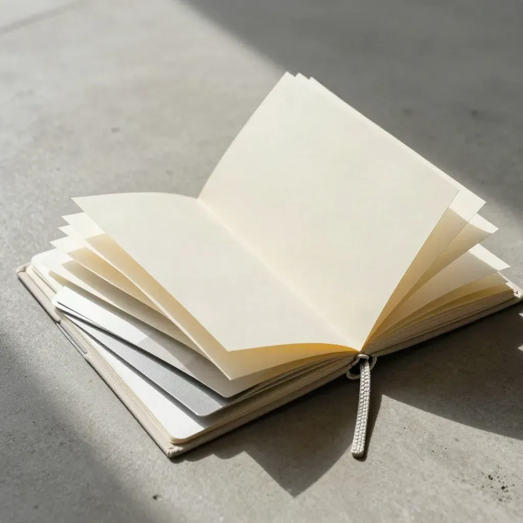 Top-down planner booklet splayed open with silver tab cards on concrete