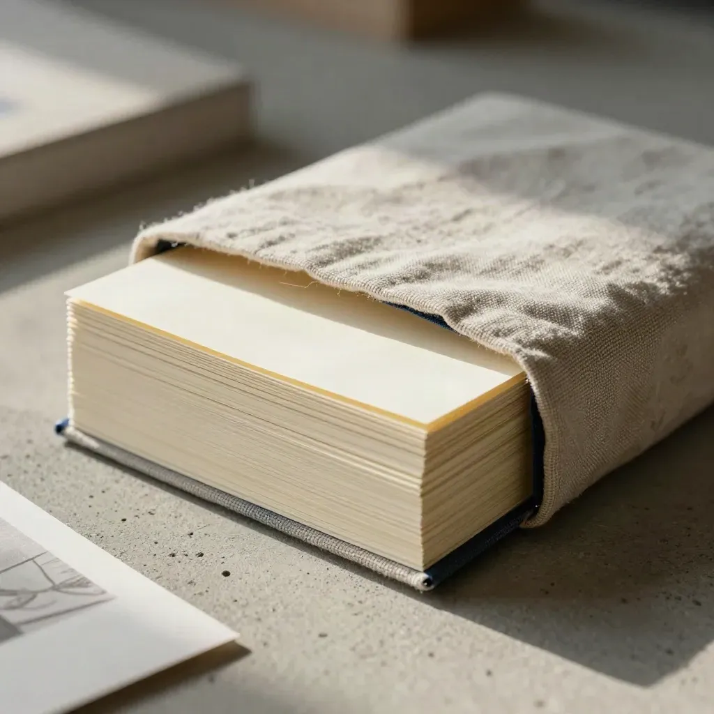 Macro cloth-wrapped leadership notes stack with folded cards on concrete