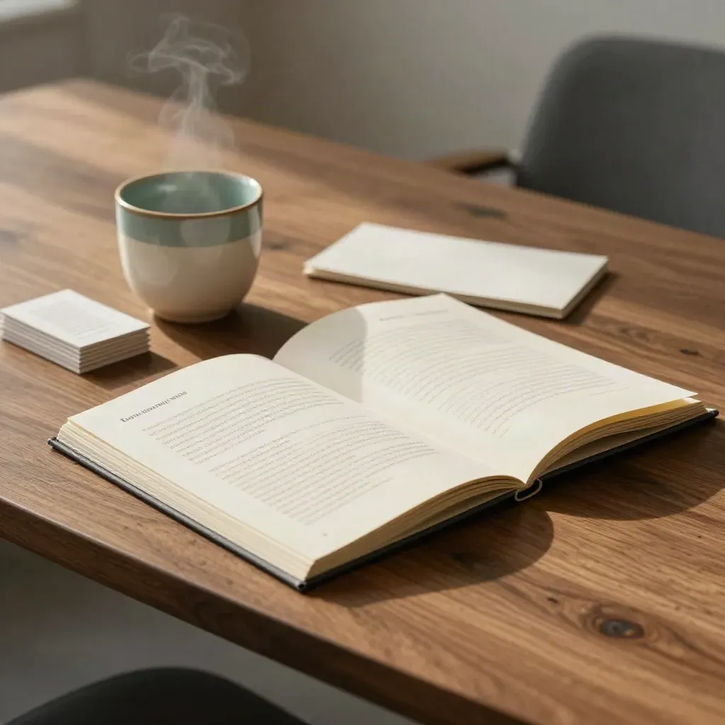 Consulting booklet, card stack and ceramic cup on a diagonal meeting table in soft daylight.