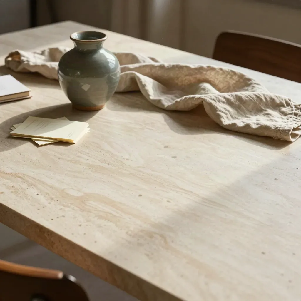 Sunlit travertine table with linen, ceramic vessel and workshop cards above calm copy space.