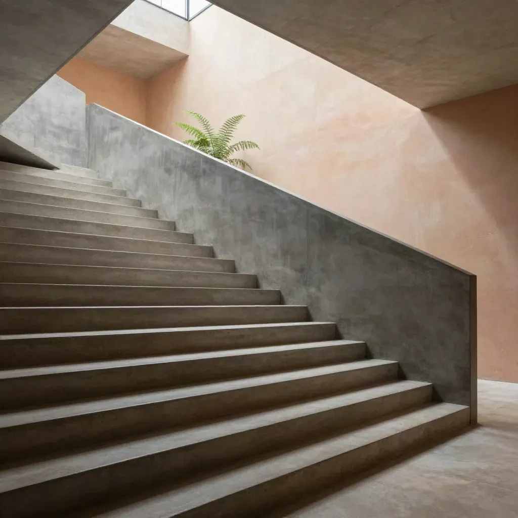 Concrete atrium stair with skylight, graphite rail, and a fern in sunlit architectural space