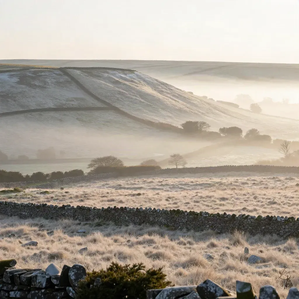 Misty chalk ridge above hedges and a dry-stone wall, with foggy valley and silver horizon.