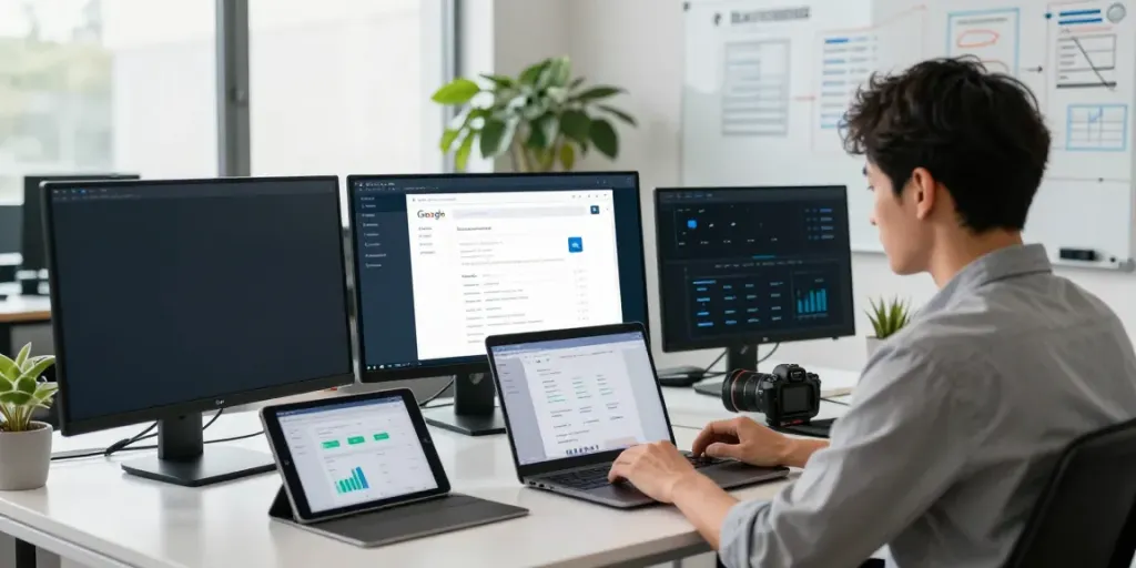 Digital marketer analyzing instant indexing tools in a modern tech workspace.
