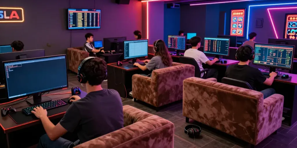 Dynamic gaming lounge showcasing players enjoying thrilling online experiences with vibrant atmospheres at sin 88.