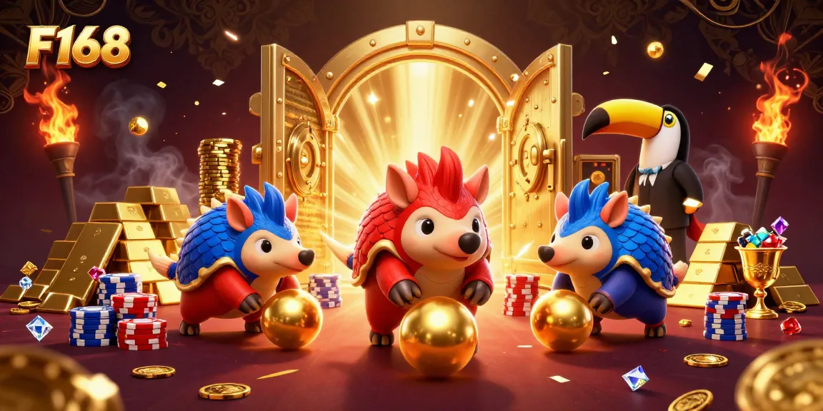 F168 pangolins compete in a vibrant casino scene, rolling coins and bowling through poker chips.