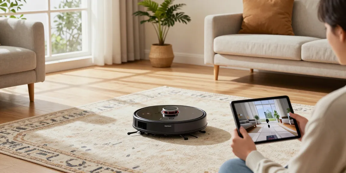 Roborock 2026 showcases the innovative Saros 20 vacuum navigating a modern living room with advanced wheel-leg architecture.