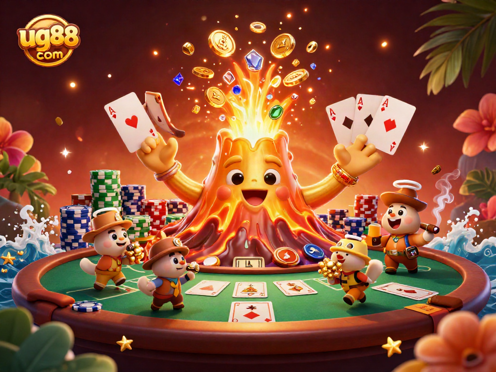 Experience thrilling moments at ug88 com with a golden volcano erupting coins and explorer animals heading for treasures.