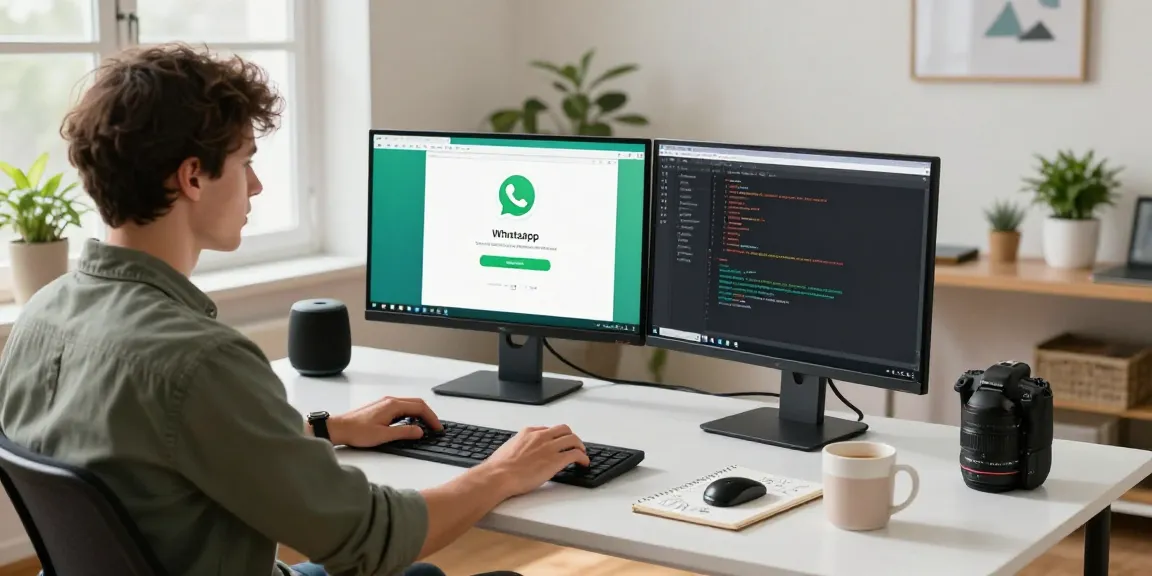 Young professional engaging in WhatsApp下載 on a dual-screen setup in a modern workspace, surrounded by tech elements and natural light.