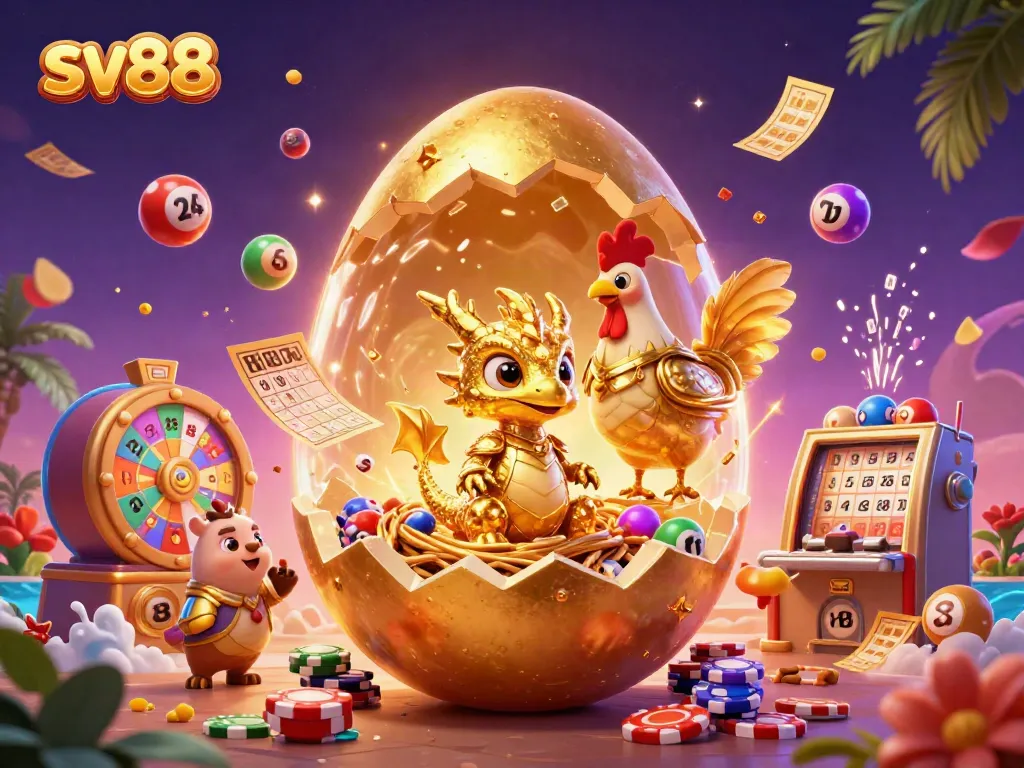 Experience the excitement of sv88 as a golden dragon emerges from a giant egg among vibrant casino elements.