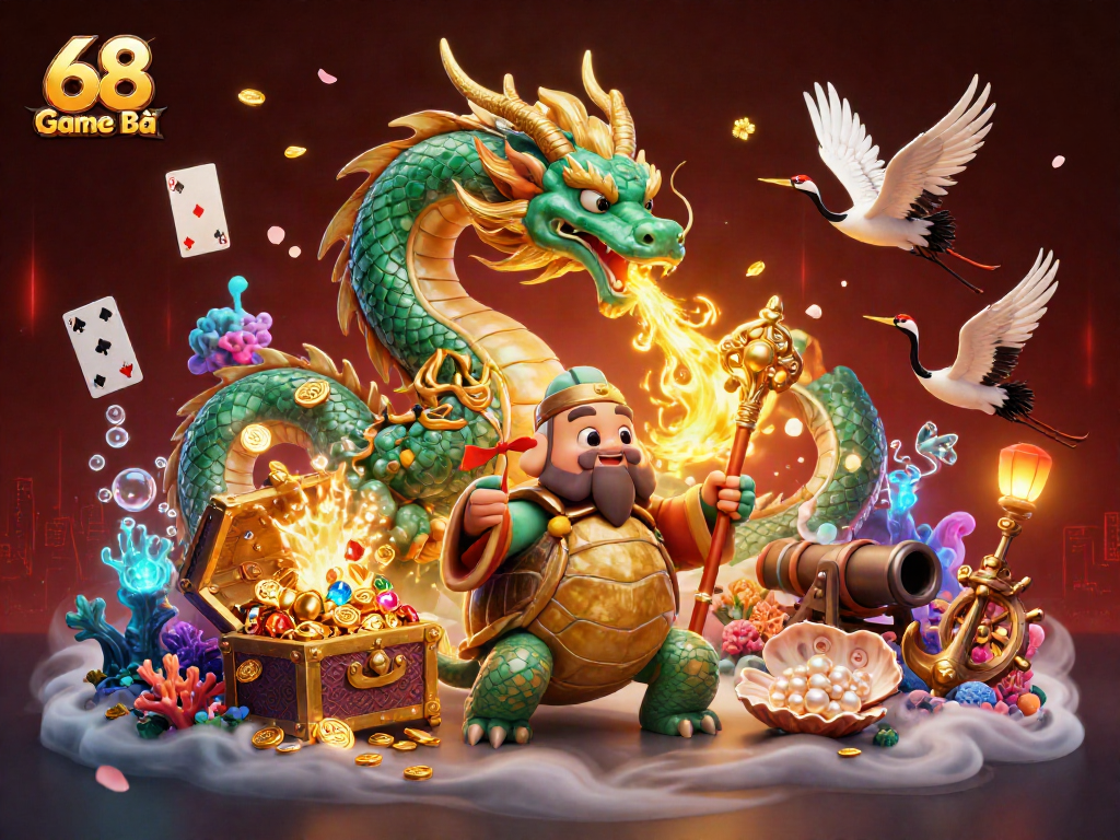 Engage with exciting gameplay in 68 Game Bài, featuring a vibrant 3D illustration of a jade dragon and lucky cranes.