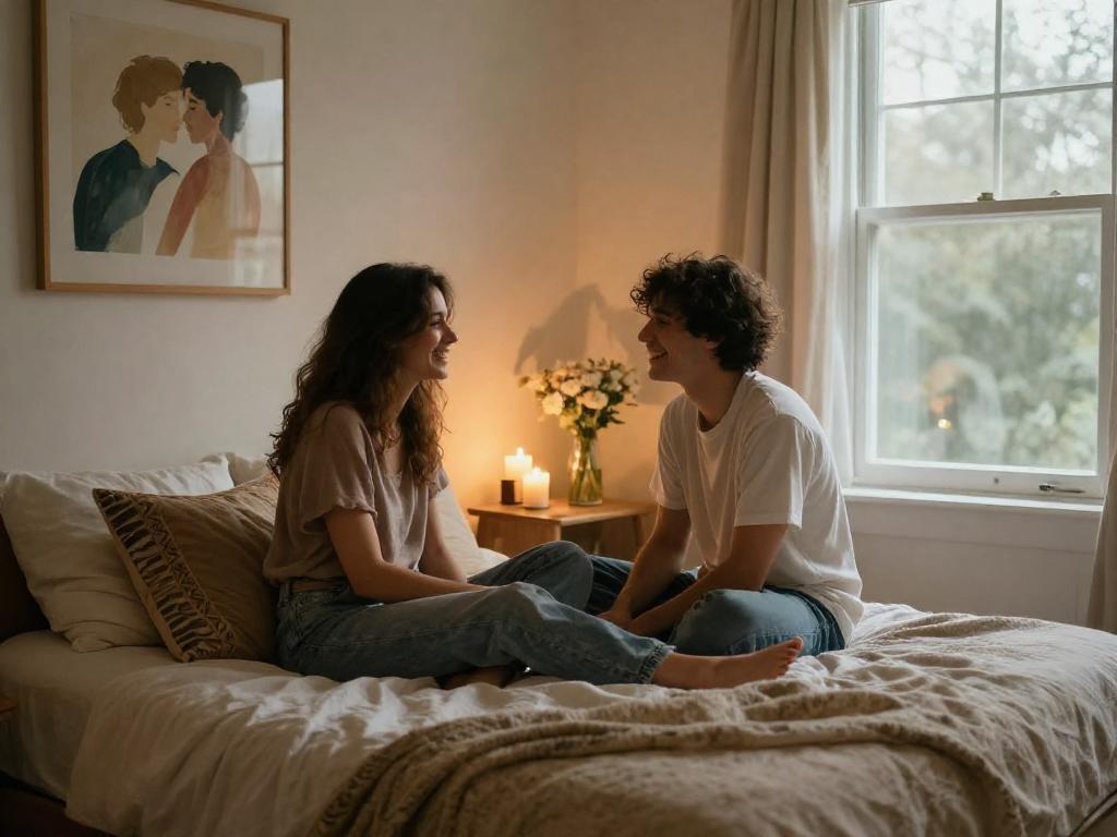 Intimate bedroom scene showcasing a couple's connection with sex ai influence, soft lighting, and cozy atmosphere.