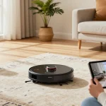 Roborock 2026 showcases the innovative Saros 20 vacuum navigating a modern living room with advanced wheel-leg architecture.