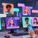 Interactive spicy chat AI avatars engaging users in a vibrant digital space with colorful personalities.