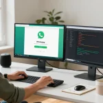 Young professional engaging in WhatsApp下載 on a dual-screen setup in a modern workspace, surrounded by tech elements and natural light.